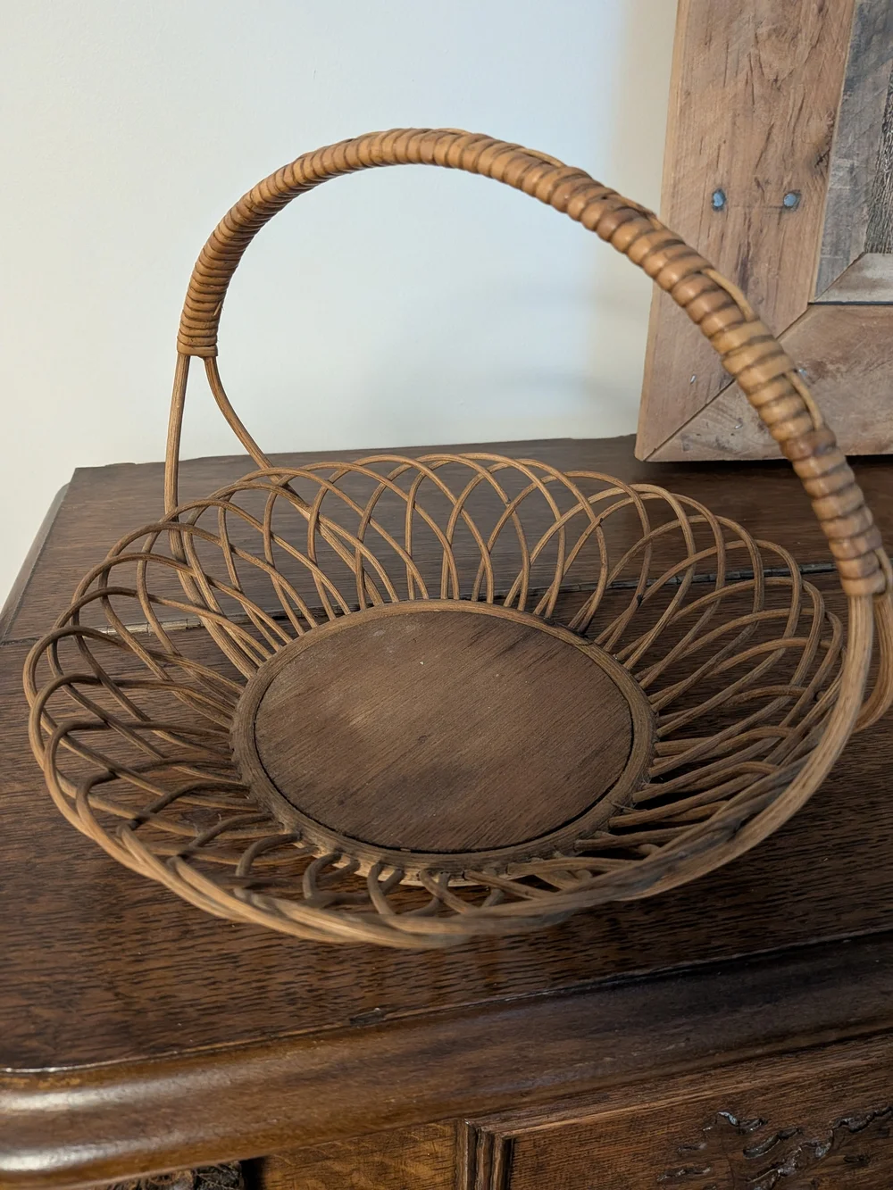 Hand Painted Wicker Rattan Basket Handled Wooden Base Folk Art